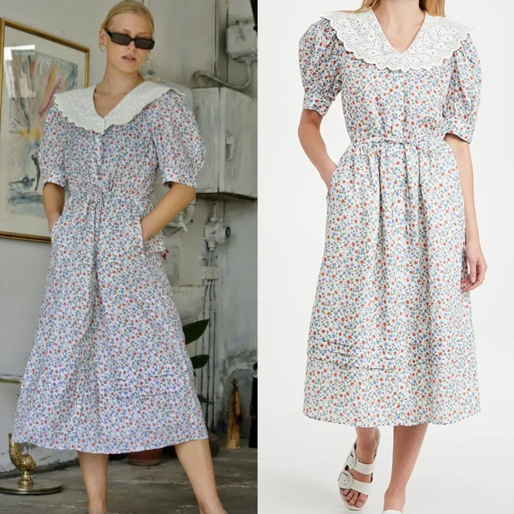 Sea New York Bubbie Puff Sleeve Ditsy Floral Ruffle Midi Dress Size 4 - Picture 1 of 7